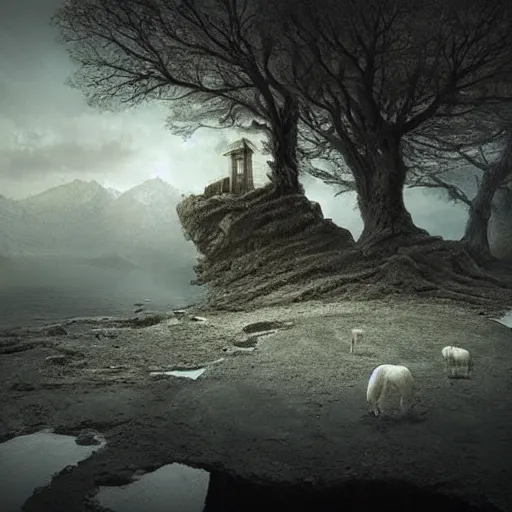 Prompt: michal karcz children's drawing of a beautiful landscape. , horror theme, detailed, elegant, intricate, 4k,