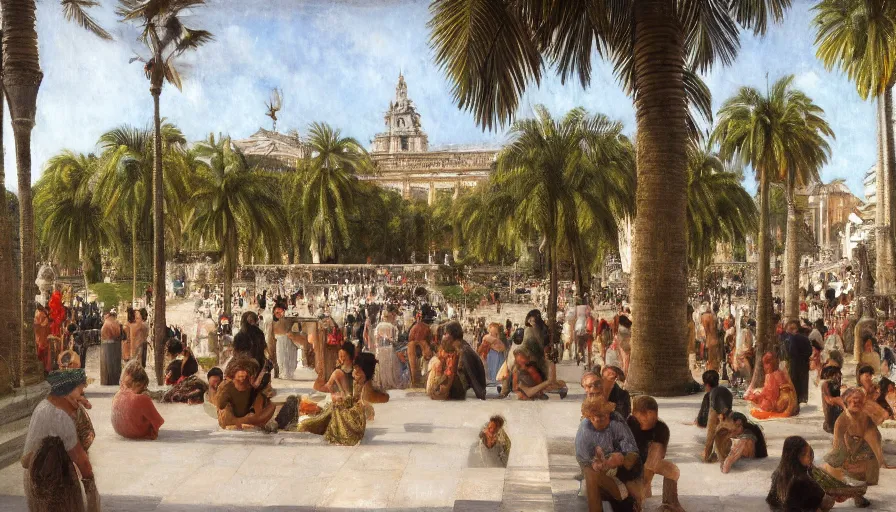 Prompt: a ultradetailed beautiful painting of hundreds of people around an old fountain in the amazonas palace balustrade designed by jules bastien - lepage, tarsila do amaral, frank weston and gustave baumann, beach, trending on artstation, mediterranean, palm trees, sharp focus, soft light, 8 k 4 k