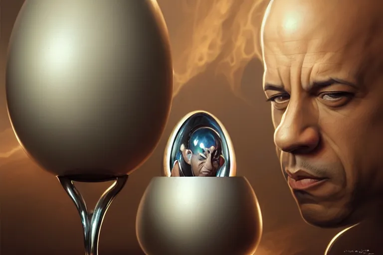 Image similar to silver egg cup, vin diesel head in egg cup, hyper detailed, digital art, artstation, cinematic lighting, studio quality, smooth render, by peter mohrbacher, hajime sorayama, boris vallejo, craig mullins, artgerm