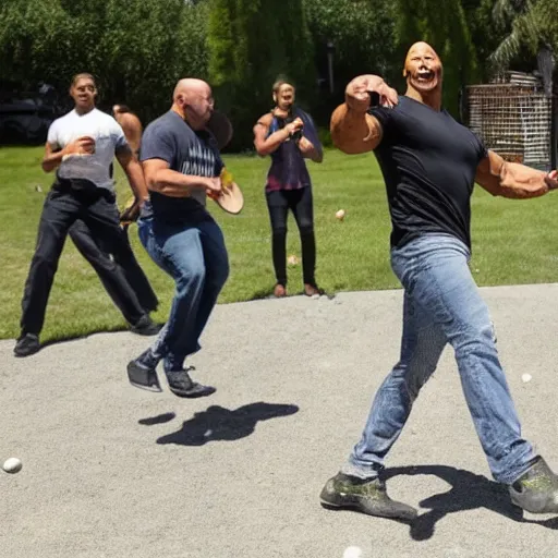 Prompt: photo of Dwayne Johnson throwing a rock to a group of his exited fans