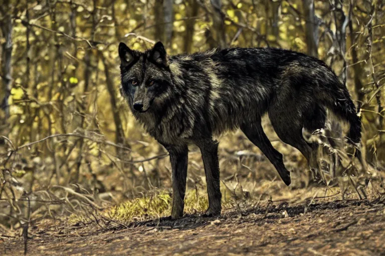 Image similar to ! human wolf crow werecreature, color photograph captured at creek