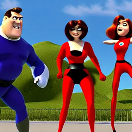 Prompt: bob parr as mr.incredible and helen parr as elastigirl spend time with violet and dash in incredibles movie from 2004