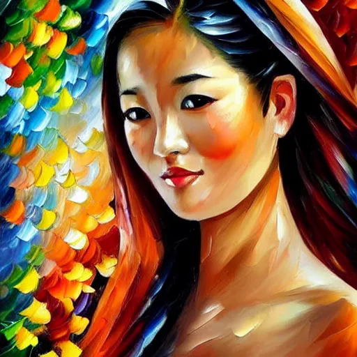 Image similar to a leonid afremov oil painting of a beautiful asian girl
