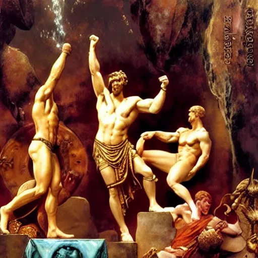 Image similar to ares and hercules dab in front of zeus the ruler of olympus, heavenly marble, ambrosia served on golden platters, painting by gaston bussiere, craig mullins, j. c. leyendecker, tom of finland