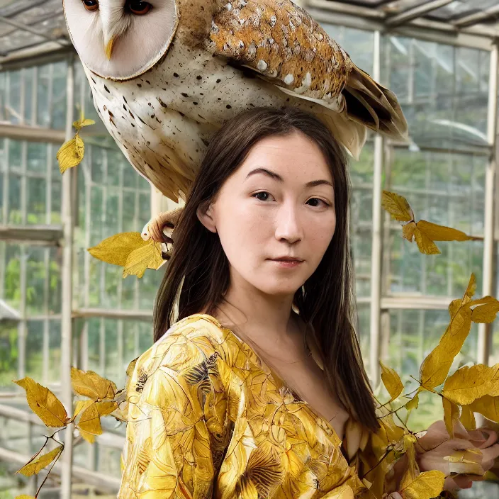 Image similar to portrait photograph of an extremely beautiful!!!! young female , symmetric face!, symmetric round detailed eyes!!, slight smile, natural light, wearing a yellow kimono!! with a very detailed barn owl! on her shoulder in a tropical greenhouse. looking at the camera!!. golden crown made of golden leaves. super resolution. Extremely detailed. Graflex camera!, bokeh!!!!! trending on artstation.