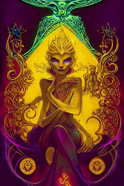 Prompt: Elsa, full of color on black paper, symmetrical, forsaken spirits, golden ratio, elements, gold, neon, baroque, rococco, tarot card with ornate border frame, marc simonetti, paul pope, peter Mohrbacher, detailed, occult symbols, satanic ink illustration, by Charles Wess, Jeffrey Jones dynamic lighting