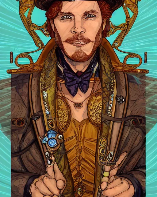 Prompt: a detailed portrait illustration of a steampunk tech - sorcerer. handsome male face, ginger. art nouveau, pop art, comic book style. influenced by neil gaiman, h. p. lovecraft, dan mumford, brian froud, heade, killian eng, ross tran.