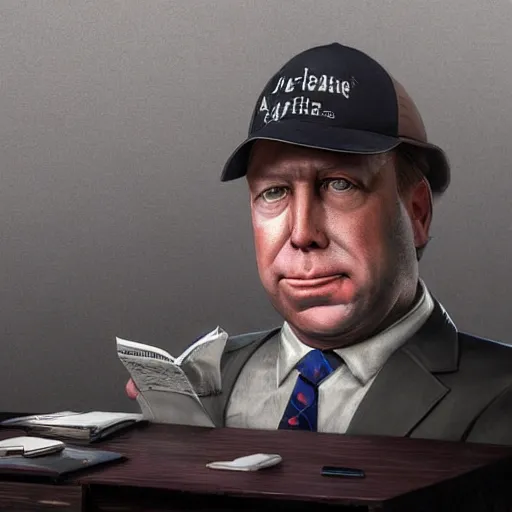 Image similar to hyperrealistic mixed media image of info wars alex jones wearing hat at desk, stunning 3 d render inspired art by xiang duan and thomas eakes and greg rutkowski, perfect facial symmetry, hyper realistic texture, realistic, highly detailed attributes and atmosphere, dim volumetric cinematic lighting, 8 k octane detailed render, post - processing, masterpiece,
