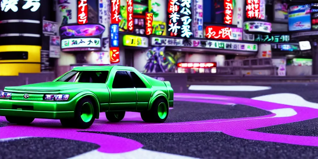 Image similar to anthropomorphic JZX100 twin turbo drift jet engine monster truck drag racer cowboy Cadillac hover-car UFO with cowboy snake facial features speeding in the road, Tokyo prefecture, Japanese architecture, city sunset mist lights, cinematic lighting, photorealistic, detailed alloy wheels, highly detailed purple green snake oil wacky races power ranger bat-mobile transformer car