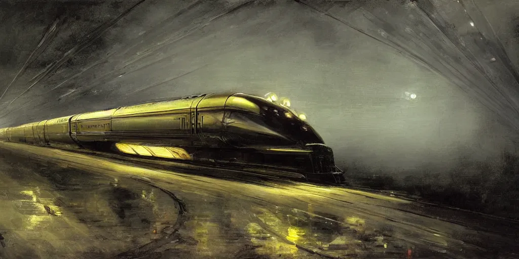 Prompt: highly detailed painting of powerful futuristic streamline train speeding very fast. romanticism. extreme speed with headlight beam shining brightly into the fog and rain. dramatic lighting. motion streaks.. vanishing point. rembrandt, george bellows and giger.
