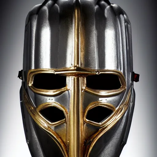 Image similar to a 4 k photo of a colorful warrior knight mask made of chrome gold and iron by h. r. giger with awesomely beautiful lighting.