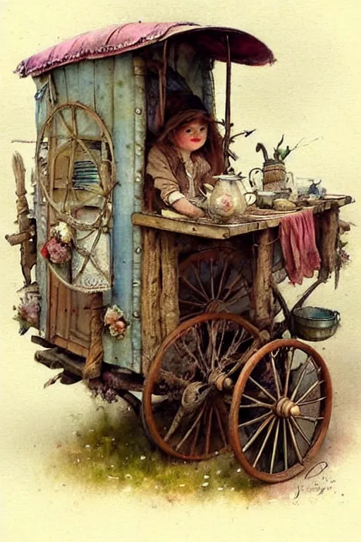 Prompt: (((((1950s fairy tale gypsy wagon . muted colors.))))) by Jean-Baptiste Monge !!!!!!!!!!!!!!!!!!!!!!!!!!!