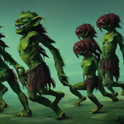 Image similar to a pack of green goblins doing the dance of pain, a fantasy art, hd, trending on artstation, by rhands, makoto shinkai, ilya kuvshinov
