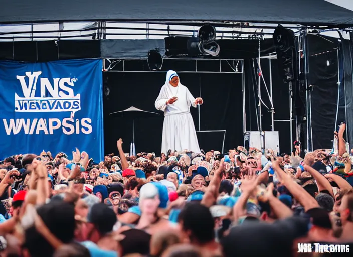 Image similar to photo still of mother teresa on stage at vans warped tour!!!!!!!! at age 5 8 years old 5 8 years of age!!!!!!! throwing roseries to the crowd, 8 k, 8 5 mm f 1. 8, studio lighting, rim light, right side key light