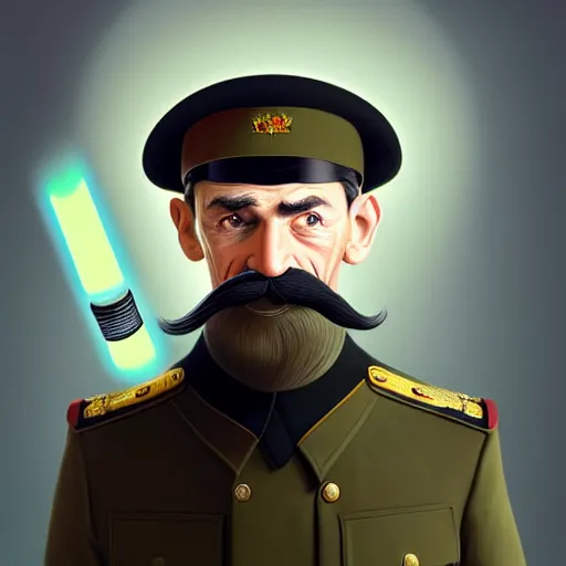 Prompt: character portrait of a russian man in khaki military tunic wearing black wool high hat with black moustache holding a lightsaber, medium shot, oncept art, global illumination, 4 k, hyper detailed, pixar animation style, 8 k, studio light, award winning, by artgerm, sylvain sarrailh, rossdraws, wlop, beautiful