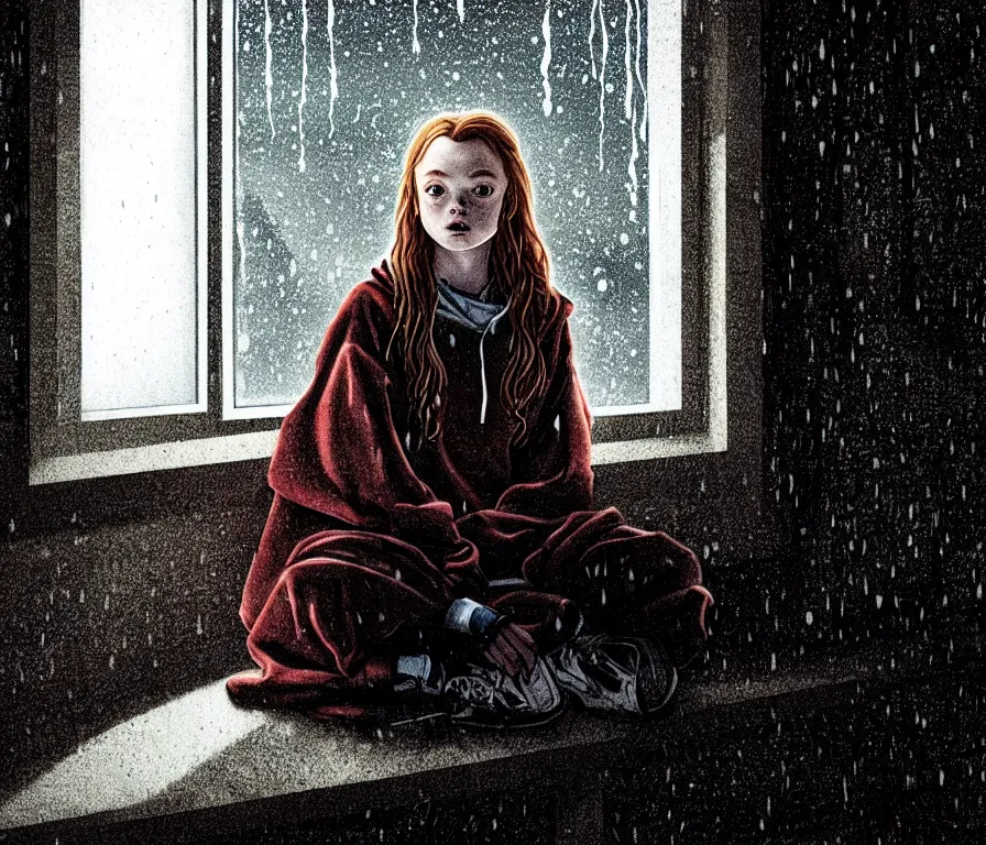 Prompt: sadie sink in hoodie sits on windowsill, knees tucked in | rain falls at night : storyboard, scifi cyberpunk. by joe alves, chris bonura, gabriel hardman. cinematic atmosphere, detailed and intricate, perfect anatomy