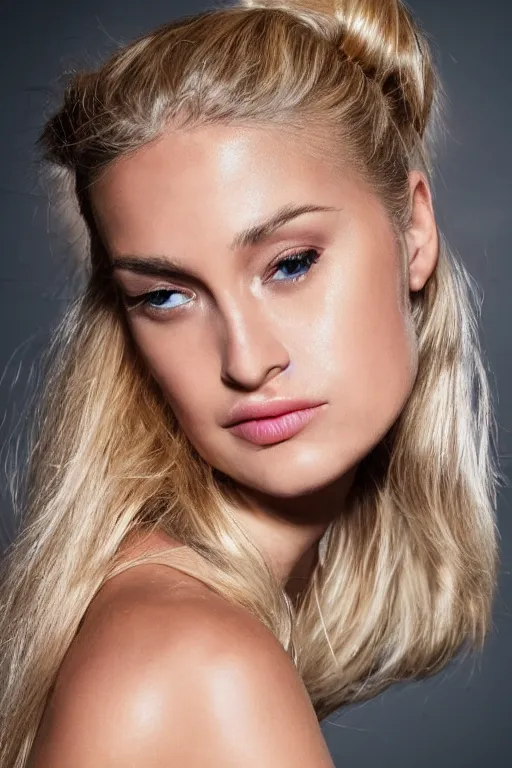 Image similar to vintage photograph of an olive blonde female model with dirty blonde hair in her twenties, her hair pinned up, wearing a designer top, looking content, focused on her neck, photo realistic, extreme detail skin, natural beauty, no filter, slr, golden hour, 4 k, high definition, selfie