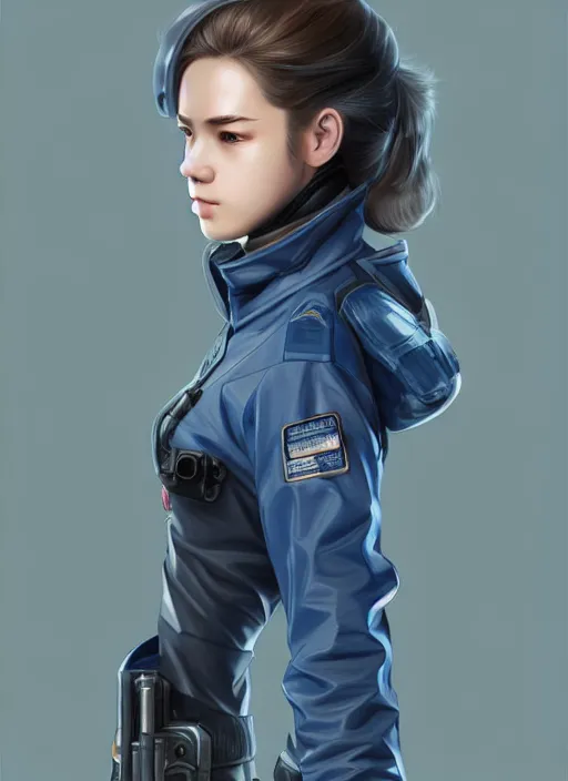 Image similar to full body portrait of a blue techwear uniform girl with guns. detailed face, concept art, digital art, intricate, highly detailed 8 k, smooth, sharp focus, beautiful and aesthetic shape of face and body, artgerm, artstation, art by zexi guo and nira and kafun and gharliera and rinotuna