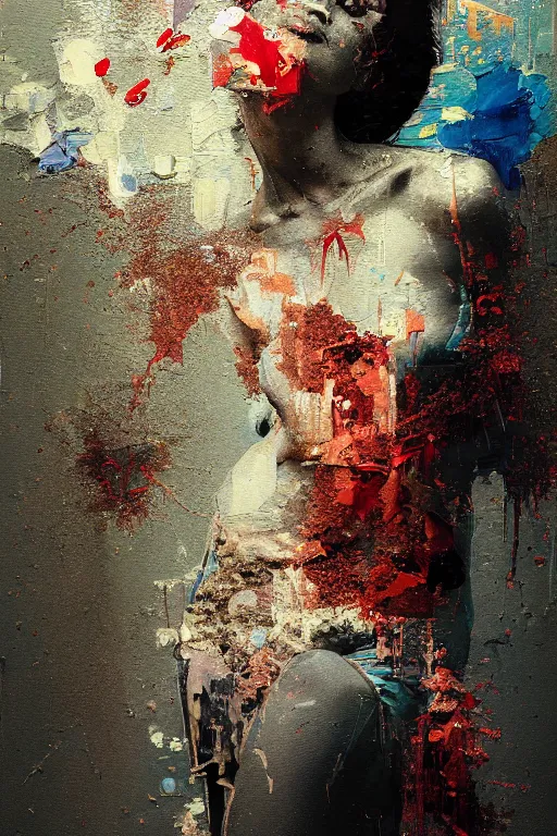 Image similar to a beautiful glitched painting by robert proch of a woman in a glitched bathroom, metal rust and plaster materials, pixel sorting, color bleeding, brushstrokes by jeremy mann, still life, dark colors