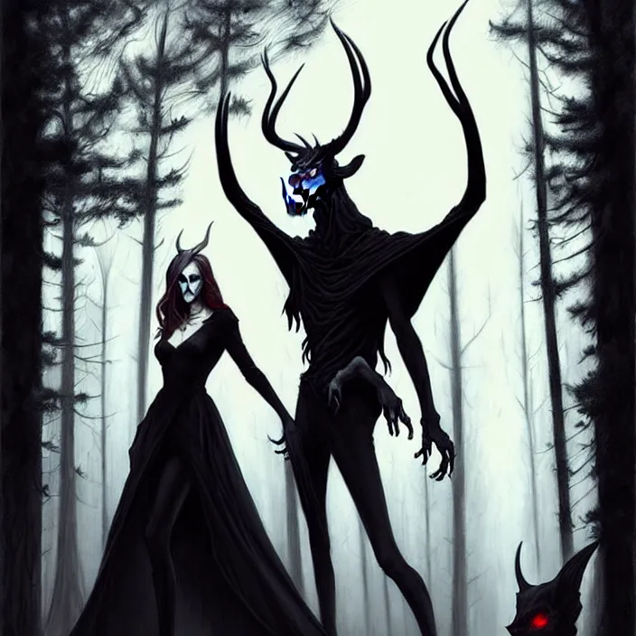 Image similar to style artgerm, joshua middleton, diego fazio, gerald brom, scary wendigo with antlers and skull face mixed with werewolf : : [ beautiful witch wearing a black dress on the right side ] : : in the forest, detailed, dark and foggy, cinematic lighting