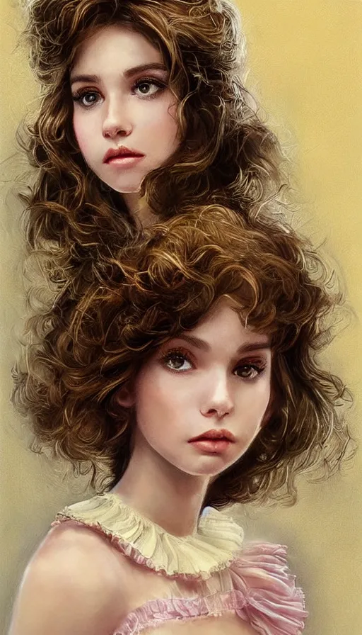 Image similar to portrait of young brunette from 1985, 80s theme, 80s hair, dreamy and ethereal, expressive pose, big brown eyes, peaceful expression, ornate frilly dress, fantasy, intricate, elegant, rose tones, highly detailed, digital painting, artstation, concept art, smooth, sharp focus, illustration, art by artgerm and greg rutkowski and alphonse mucha