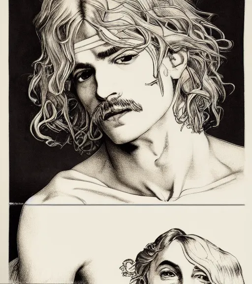 Prompt: lineart of a pale androgynous man with long fluffy curly blond hair in shorts with suspenders and white t-shirt drawn by anime, Alexandre Cabanel, norman rockwell, peter paul rubens, maler collier, frank frazetta, alphonse mucha, gustav klimt 4k, unreal 5, DAZ, french noveau, trending on artstation, octane render, hyperrealistic