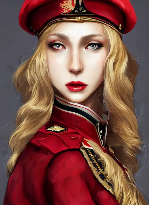 Image similar to a highly detailed illustration of beautiful long dirty blonde haired pale girl wearing red epaulette uniform, wearing beret, red eyes, dramatic seductive pose, intricate, elegant, highly detailed, centered, digital painting, artstation, concept art, smooth, sharp focus, league of legends concept art, WLOP