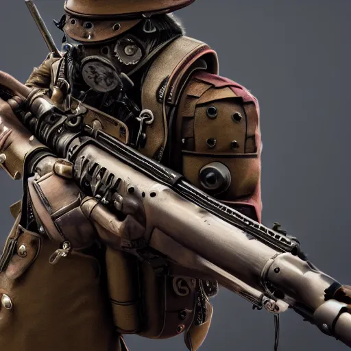 Prompt: photo of a highly detailed steampunk soldier carrying a steampunk rifle in his arms, 4k, octane render