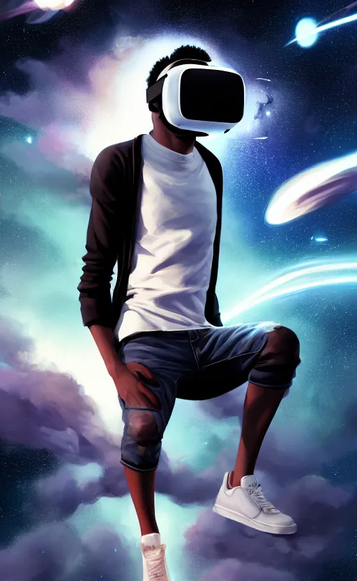 Image similar to handsome black genius hacking the metaverse, vr headset, white t - shirt and jordans, flying through spacetime, exploding nebulae, highly detailed, digital painting, artstation, concept art, smooth, sharp focus, illustration, art by wlop, uang guangjian and gil elvgren and sachin teng and greg rutkowski