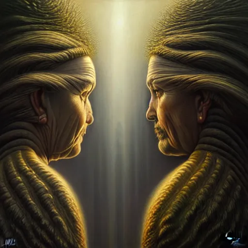 Prompt: two gods facing each other, tomasz alen kopera, surrealism, high detail, trending on artstation, 8 k w 7 6 8