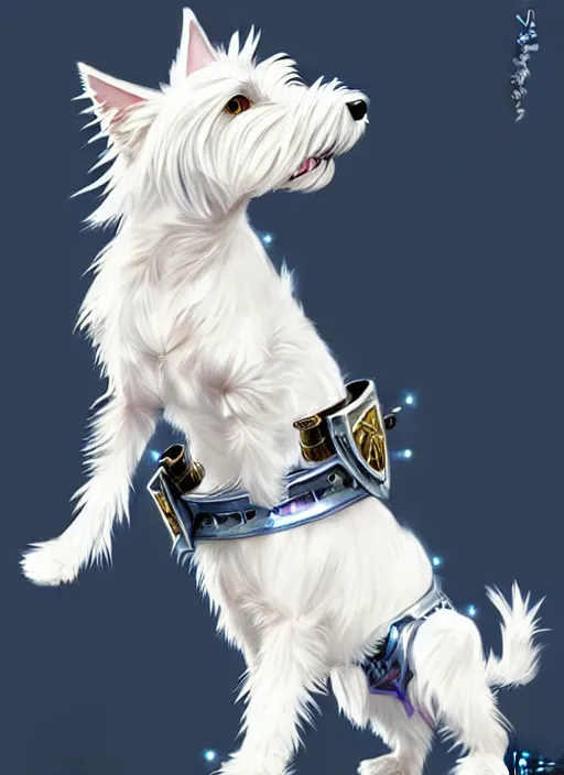 Image similar to a west highland white terrier, anime art style, wearing futuristic, led - lit armor, and a cannon mounted on his back, portrait, high detail, sharp focus, digital painting, artstation, concept art, art by hayao miyazaki and artgerm and greg rutkowski and alphonse mucha.