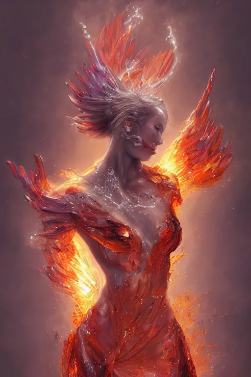 Prompt: torso closeup model wearing exploding ice & fire lava crystal dress, sorcerer, diamonds, angel, fantasy, dramatic lighting, highly detailed, digital painting, holding electricity, magic the gathering, hyper detailed, 3 d render, hyper realistic detailed portrait, peter mohrbacher, wlop, ruan jia