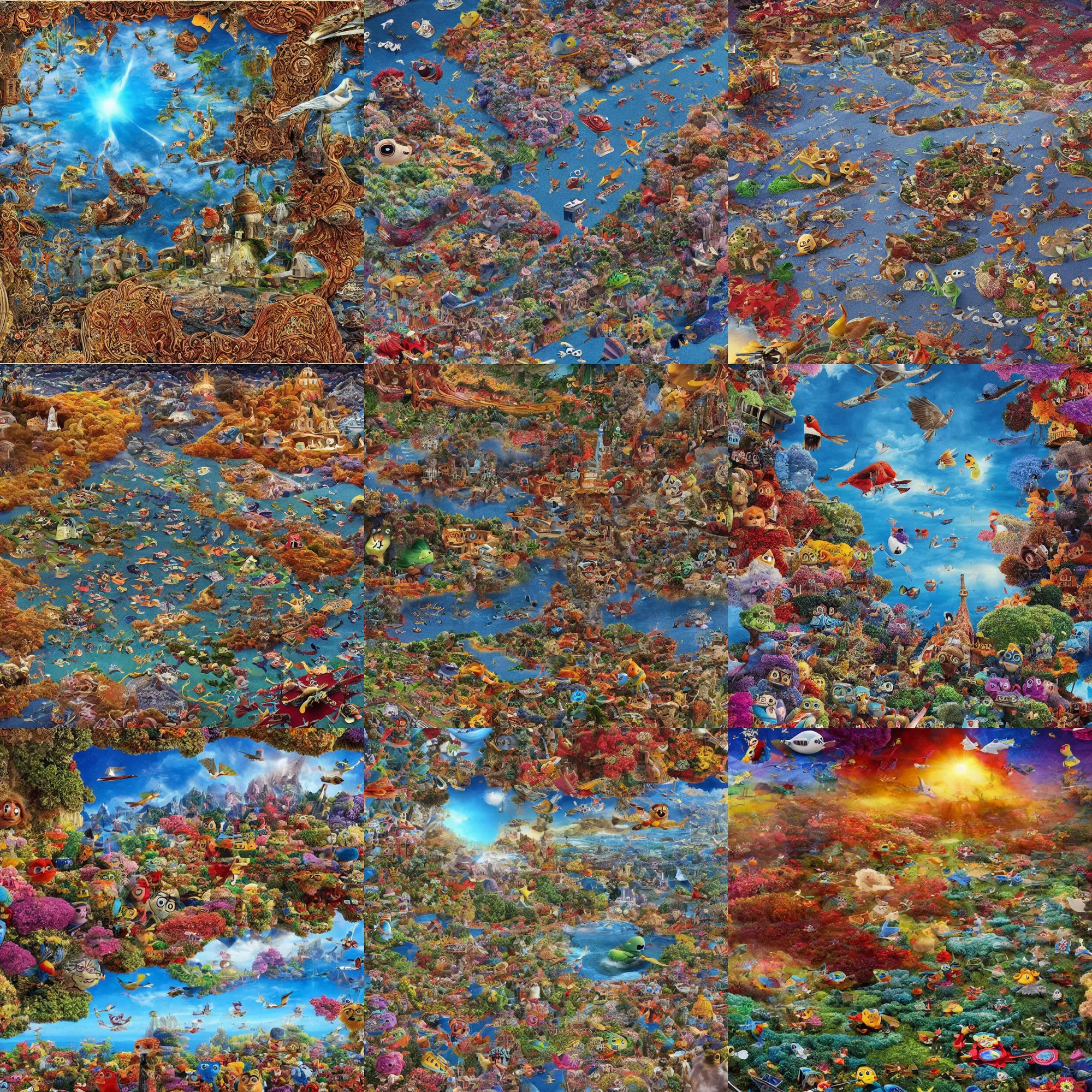 Prompt: our brave fleet is on a march in magic Fluffy 3d Persian Carpet dimension, everything is carpet and 3d, birds and trees, surreal, Pixar movie panorama, immense detail, epic, striking