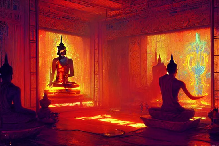 Image similar to buddhism, neon light, painting by gaston bussiere, greg rutkowski, jean giraud