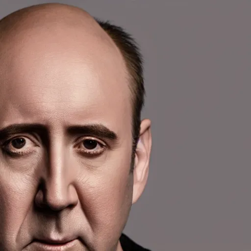 Image similar to portrait of bald nicolas cage neutral expression face straight on headshot even lighting no hair