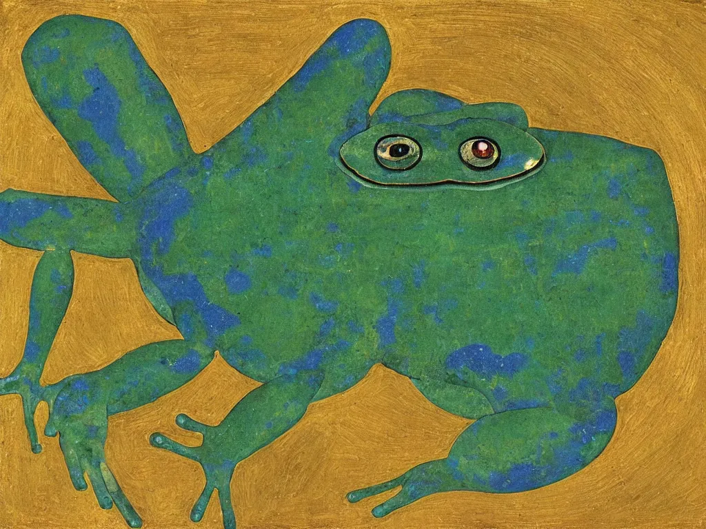 Image similar to portrait of a frog. lapis lazuli, malachite, turqouise, gold. painting by piero della francesca, balthus, agnes pelton