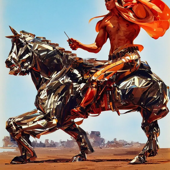 Prompt: muscular cowboy, full body, high fashion, futurism, aerodynamic, flowing, intricate, slick, highly detailed, digital painting, vogue, concept art, smooth, sharp focus, hd, art by syd mead and john berkey and annie leibovitz