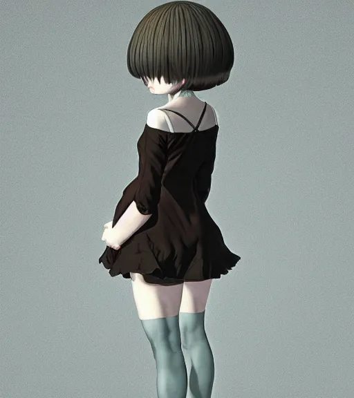 Image similar to girl with morbid thoughts wearing a black spring dress with short brown hair, queen of sharp needles and under the effect of psychosis, by Range Murata, Katsuhiro Otomo, Yoshitaka Amano, and Moebius. 3D effect.