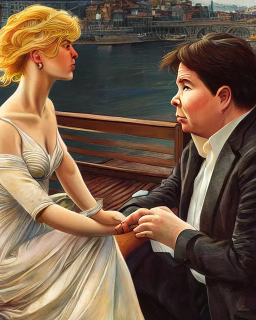 Image similar to Portrait of a  blonde lady and Michael mcintyre listening to Oasis on the Porto waterfront,real life skin, intricate, elegant, highly detailed, artstation, concept art, smooth, sharp focus, art by artgerm and greg rutkowski and alphonse mucha