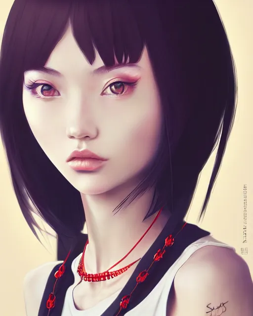 Image similar to full 1 2 0 mm necklace portrait of a beautiful slender kazakh girl, in tshirt, furious, by saruei and guweiz and ilya kuvshinov and rockwell and warhol digital art, ultra clear and sharp focus, trending on artstation hq, deviantart, pinterest, unreal engine 5, 4 k uhd image