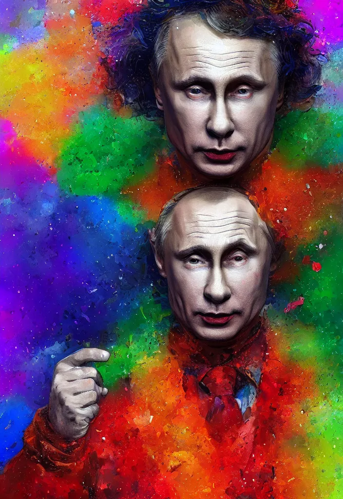 Image similar to a highly detailed portrait of Vladimir Putin as a colorful clown, gay pride flag background, intricate, digital painting, old english, particles floating, whimsical background by marc simonetti, John Singer Sargent style, masterpiece, stunning