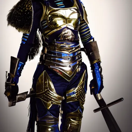 Prompt: photo of a female warrior with galaxy colored armour and weapons