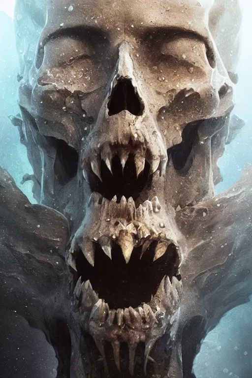 Image similar to atlantis skull, close - up portrait, powerfull, intricate, elegant, volumetric lighting, scenery, digital painting, highly detailed, artstation, sharp focus, illustration, concept art, ruan jia, steve mccurry