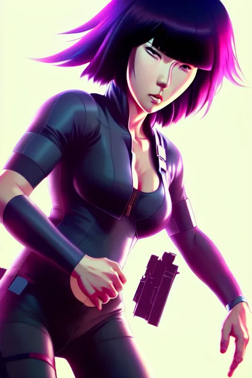 Image similar to a fullbody portrait of motoko kusanagi the major ghost in the shell : : stand alone complex, under repairs, maintenance : : by ilya kuvshinov, rossdraws, artgerm, sola digital arts, anti aliasing, raytracing : :