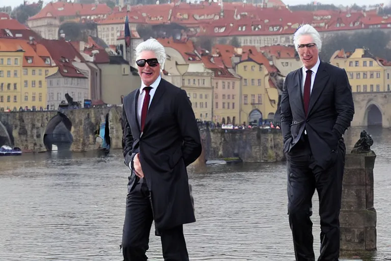 Image similar to richard gere plays iron man, flies over charles bridge in prague