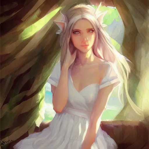 Prompt: beautiful elf girl in white dress, portraiture, by krenz cushart