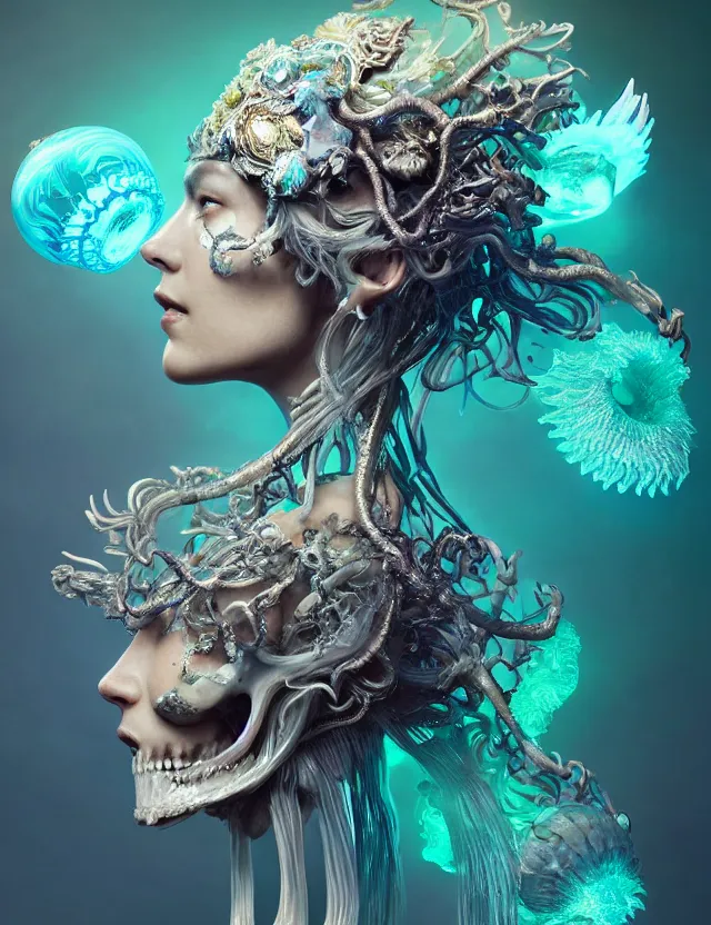 Image similar to goddess close - up portrait wigh crown made of ram skull. betta fish, jellyfish skeleton phoenix, bioluminiscent, plasma, ice, water, wind, creature, super intricate ornaments artwork by tooth wu and wlop and beeple and greg rutkowski