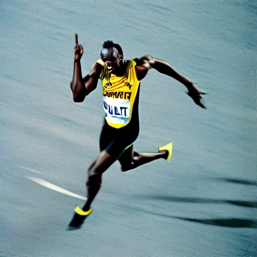 Image similar to usain bolt running on the moon, kodachrome film