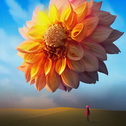 Image similar to closeup giant dahlia flower under face, a girl walking between dunes, surreal photography, sunrise, blue sky, dramatic light, impressionist painting, digital painting, artstation, simon stalenhag