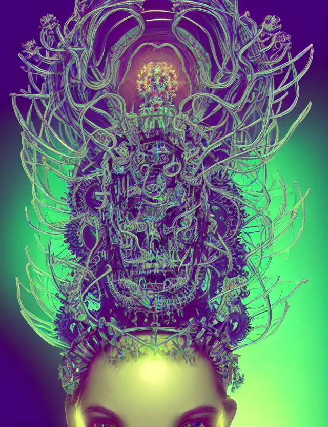 Image similar to symmetrical, centered, goddess close-up portrait wigh crown made of skulls. phoenix betta fish, phoenix, bioluminiscent creature, super intricate ornaments artwork by Tooth Wu and wlop and beeple and Dan Flavin and Daniel Buren and greg rutkowski